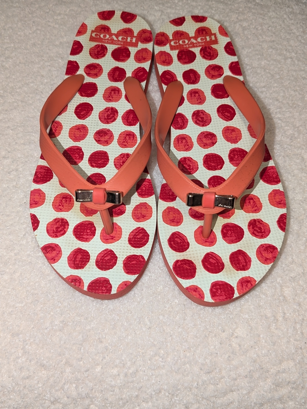 Coach Amel Coral Orange Red Polka Dot Rubber Flip Flops Gold Bow Size 7B
